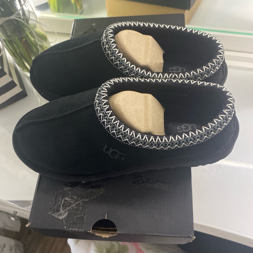 UGG Black Slippers with White Stitching